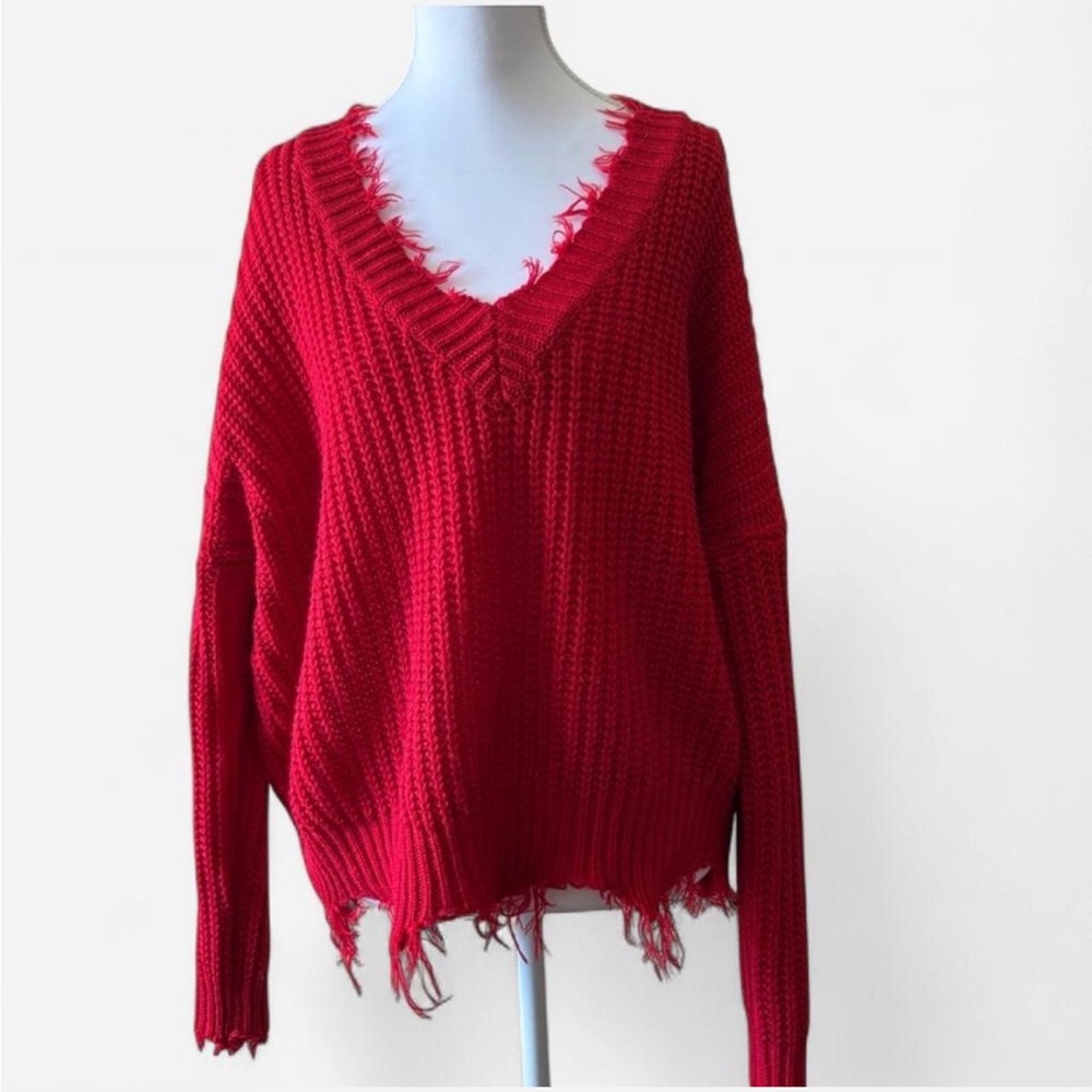 Vibrant Red V-Neck Chunky Knit Sweater